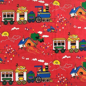 Vintage Children&#39;s Fabric, 2 Pieces, Red Train Print Fabric, Red Material