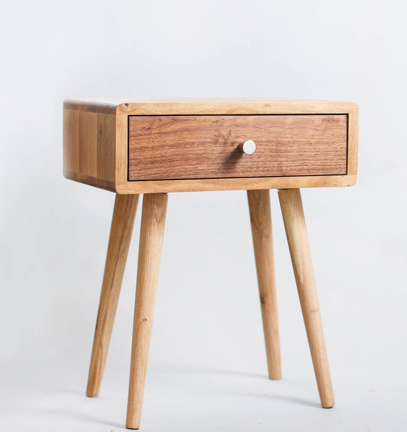 Solid Oak Walnut Drawer Mid Century Nightstand Bedside Table Vintage Retro Modern Danish Scandinavian Minimalist Tapered Legs Furniture