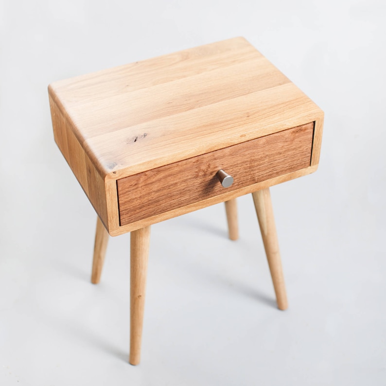 Solid Oak Walnut Drawer Mid Century Nightstand Bedside Table Vintage Retro Modern Danish Scandinavian Minimalist Tapered Legs Furniture