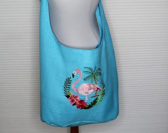 Knotentasche, Strandtasche, Beachbag mit aufgesticktem Flamingo