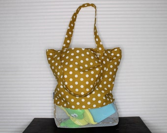 Transport bag for sand toys, mesh bag, digging bag, curry yellow with dots