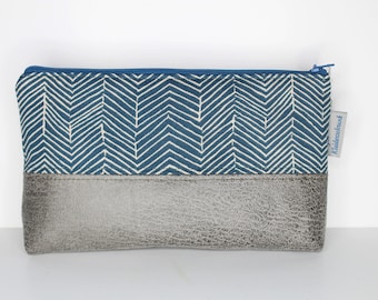 Pen bag, cosmetic bag, pencil bag with zigzag pattern in petrol