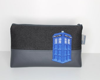 Pencil case, cosmetic bag embroidered with blue police emergency call box, police box