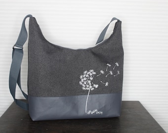 Shoulder bag with embroidered dandelion gray