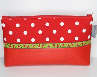 Pen bag, cosmetic bag red with white dots and gnome woven ribbon