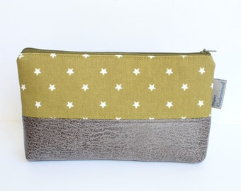 Pen bag, cosmetic bag, pencil case olive green with stars