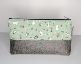 Pen bag, cosmetic bag, pencil bag animals on fine cord in light green