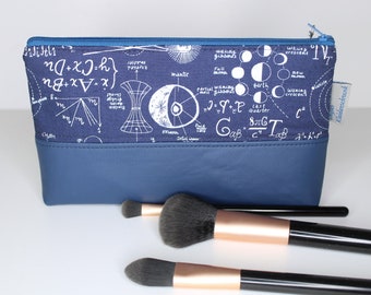 Pen bag, cosmetic bag scientific formulas on blue