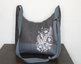 Dark grey shoulder bag with poppies and fern motif