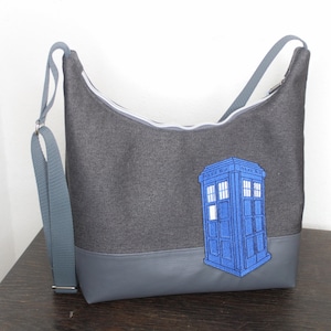 Shoulder bag, embroidered with blue police box, police emergency call box