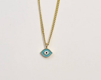 Tiny Turquoise & White Enamel Evil Eye Pendant Chain Necklace. 925 Sterling Silver Gold Plated Necklace. Good Luck Protection Charm