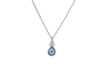 Tiny Turquoise & White Enamel Evil Eye Teardrop Pendant  Necklace.925 Sterling Silver Cubic Zirconia Necklace.Good Luck Protection Charm