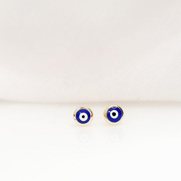 Dark Blue Evil Eye Earrings Studs. 925 Sterling Silver Gold Plated. Round Evil Eye.Butterfly Clasps