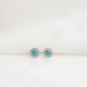 Super Tiny Turquoise Evil Eye Earrings Studs. 925 Sterling Silver or Gold Plated SilverZirconia.Round Evil Eye.Good luck & Protection Charm.