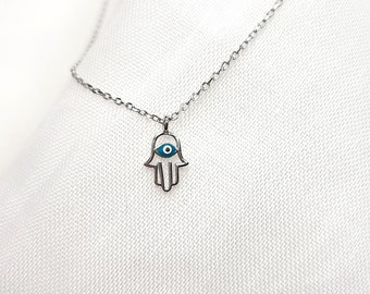 Tiny Turquoise Greek Evil Eye Hamsa Necklace.925 Sterling Silver.Hand of Fatima. Good Luck & Protection charm