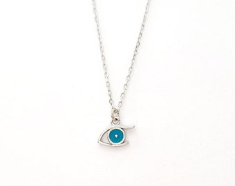 Tiny Turquoise Enamel Evil Eye Pendant Chain Necklace. 925 Sterling Silver. Good Luck Protection Charm