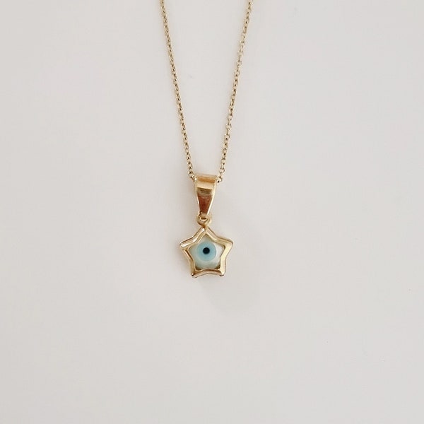 14K Gold Star Greek Evil Eye Pendant. 14K Yellow Solid Gold.Mother of pearl evil eye. Protection and Good Luck Charm