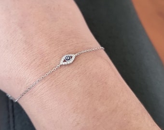 Tiny Dark Blue Zirconia Greek Evil Eye Chain Bracelet. 925 Sterling Silver.Cubic Zirconia. Good Luck and Protection Jewelry.