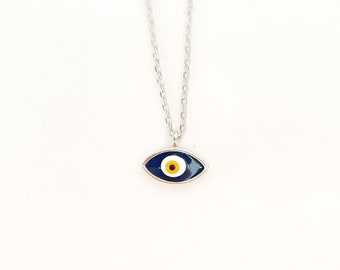 Dark Blue and White Enamel Evil Eye Pendant Chain Necklace. 925 Sterling Silver.925 Sterling Silver Necklace.Good Luck & Protection Jewelry.