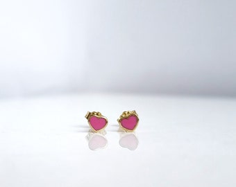 14K Tiny Pink Heart Stud Earrings. 14K Solid Yellow Gold. Tiny Gold Earrings.