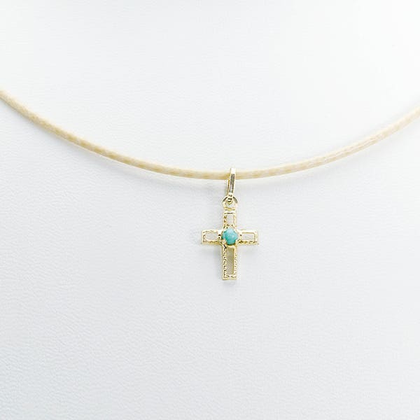 14K Tiny Cross Pendant Turquoise Bead. 14K Yellow Solid Gold.  Thin Cord Necklace with 925 Sterling Silver and Gold Plated clasp