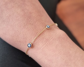 Five Dark Blue Greek Evil Eye Enamel Chain Bracelet. 925 Sterling Silver Yellow Gold Plated. Good Luck and Protection Jewelry.