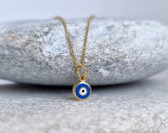 14K Gold Tiny Greek Evil Eye Pendant. 14K Yellow Solid Gold. Dark Blue Enamel Evil Eye. Protection and Good Luck Charm