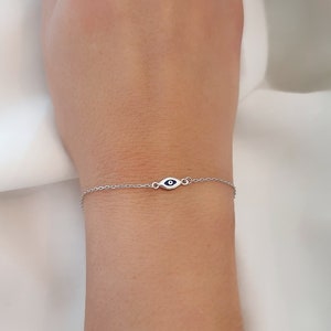 Greek Evil Eye Dark Blue and White Enamel Chain Bracelet. 925 Sterling Silver or Gold Plated Silver. Good Luck and Protection Jewelry.