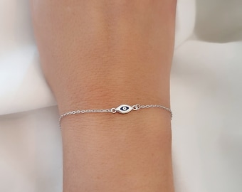 Greek Evil Eye Dark Blue and White Enamel Chain Bracelet. 925 Sterling Silver or Gold Plated Silver. Good Luck and Protection Jewelry.