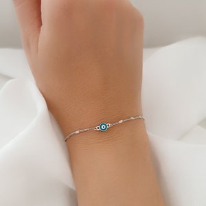 Two sided Greek Evil Eye Dark Blue and Turquoise Enamel Chain Bracelet. 925 Sterling Silver. Good Luck and Protection Jewelry.