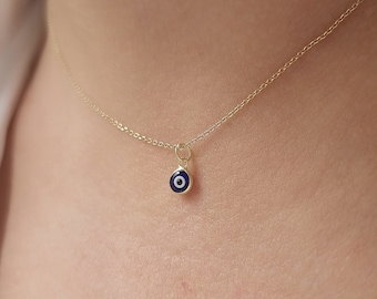 Silver Tiny Dark Blue Greek Evil Eye Two Sided Pendant. 925 Sterling Silver Gold Plated Blue  Evil Eye.Good Luck and Protection Charm
