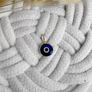 14K Two-Sided Dark Blue Greek Evil Eye Necklace Pendant. 14K Solid Yellow Gold. Black & White Enamel. Good Luck and Protection Charm.