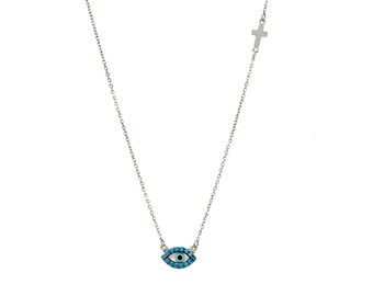 PEIMKO Collana Blu Malocchio con Zirconi in Argento Sterling 925 Ciondolo Amuleto Rotondo Blu per Donna Moglie 18 Pollici- Bianco/Oro Rosa Disponibile(Bianco