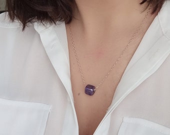 Ceramic Purple Cube Dice Pendant Silver Chain Necklace. 925 Sterling Silver and Rose Gold Plated. 925 Sterling Silver Necklace.