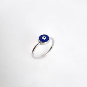Round Greek Evil Eye Ring.925 Sterling Silver. Dark Blue and White Enamel Eye.Good Luck and Protection Jewellery.