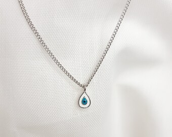 Tiny Turquoise Evil Eye Teardrop Pendant Necklace: Sterling Silver