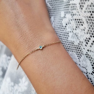 14K Tiny Cross Greek Evil Eye Mother of Pearls Chain Bracelet. 14K Yellow Solid Gold. Good Luck and Protection Jewelry.