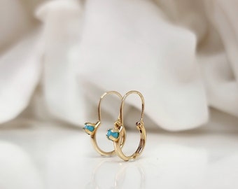 14K Tiny Solitaire Turquoise Hoop Earrings. 14K Yellow Solid Gold.