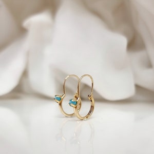 14K Tiny Solitaire Turquoise Hoop Earrings. 14K Yellow Solid Gold.