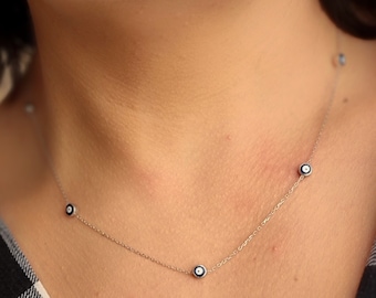 Collar de ojo malvado de plata esterlina: colgante de esmalte azul oscuro, joyería de la suerte