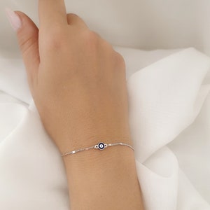 Two sided Greek Evil Eye Dark Blue and White Enamel Chain Bracelet. 925 Sterling Silver. Good Luck and Protection Jewelry.