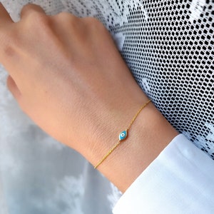 14K Tiny Turquoise Greek Evil Eye Enamel Chain Bracelet. 14K Yellow Solid Gold. Good Luck and Protection Jewelry.