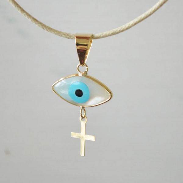 14K Gold Greek Evil Eye & Cross Pendant. 14K Solid Yellow Gold. Two Equal Sided Design. Mother of Pearls Eye. Good Luck and Protection Charm