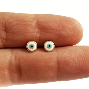 14K Greek Evil Eye Stud Earrings. White Lucky Enamel Eye. 14K Yellow Solid Gold. Butterfly | Push Back Clasps