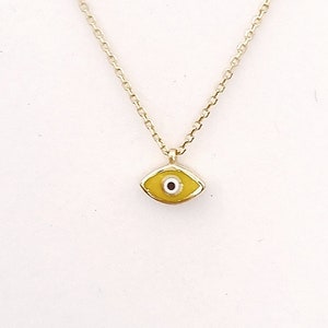 9K Tiny Greek Evil Eye Necklace Pendant. 9K Yellow Solid Gold. Yellow and White  Enamel. Good Luck and Protection Charm