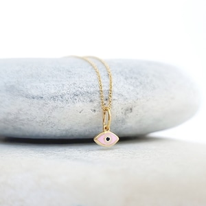 9K Gold Tiny Greek Evil Eye Pendant. 9K Yellow Solid Gold. Pink Enamel Evil Eye. Protection and Good Luck Charm