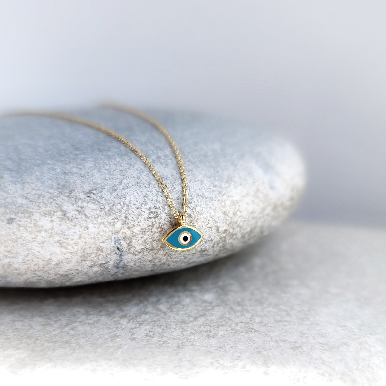9K Tiny Greek Evil Eye Necklace Pendant. 9K Yellow Solid Gold. Etsy