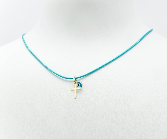 14K Greek Eye and Cross 14K Solid Yellow Blue