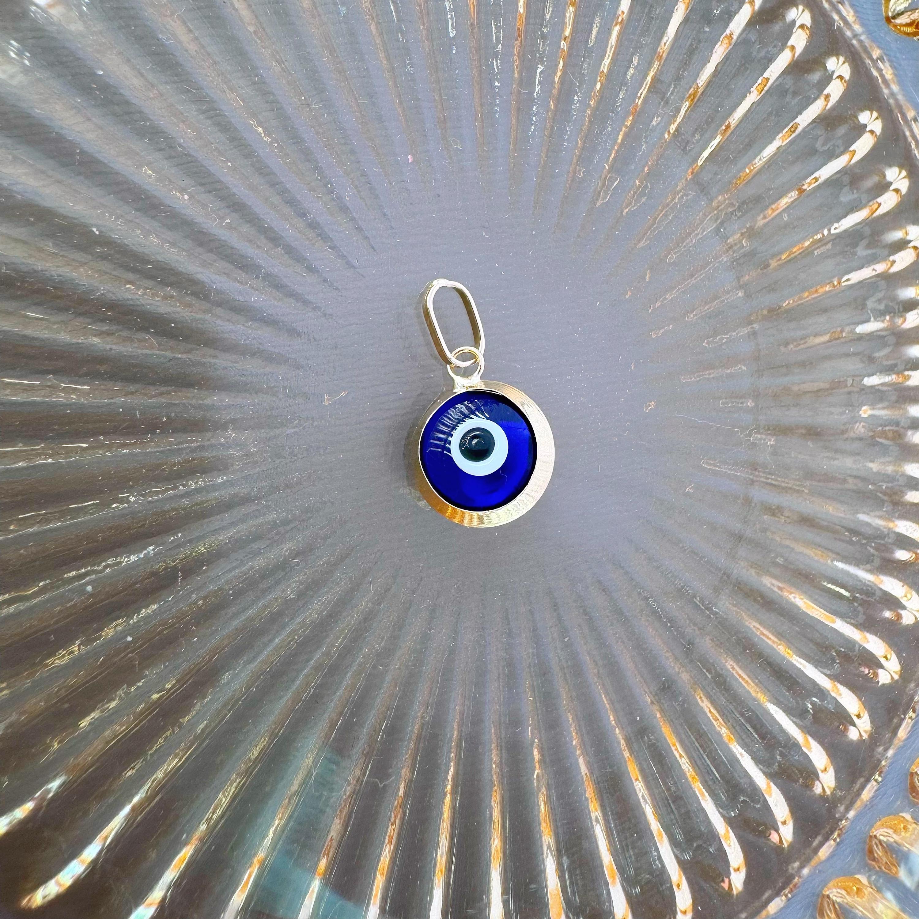 14K Two-Sided Dark Blue Greek Evil Eye Necklace Pendant. 14K Solid Yellow Gold. Black & White Enamel. Good Luck and Protection Charm.