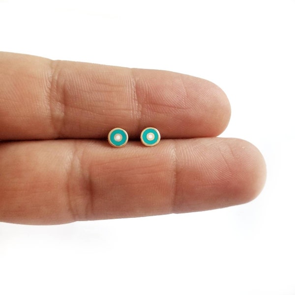 14K Greek Evil Eye Stud Earrings. Turquoise and White Enamel Evil Eye. 14K Yellow Solid Gold. Butterfly Clasps.